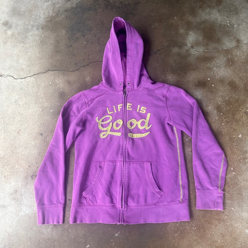 Life is Good Zip Up Hoodie Womens Small Purple Excellent Graphic Sweatshirt